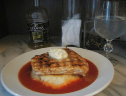 Grilled Swordfish on Parm-Potato Island w/ Tomato Broth Moat